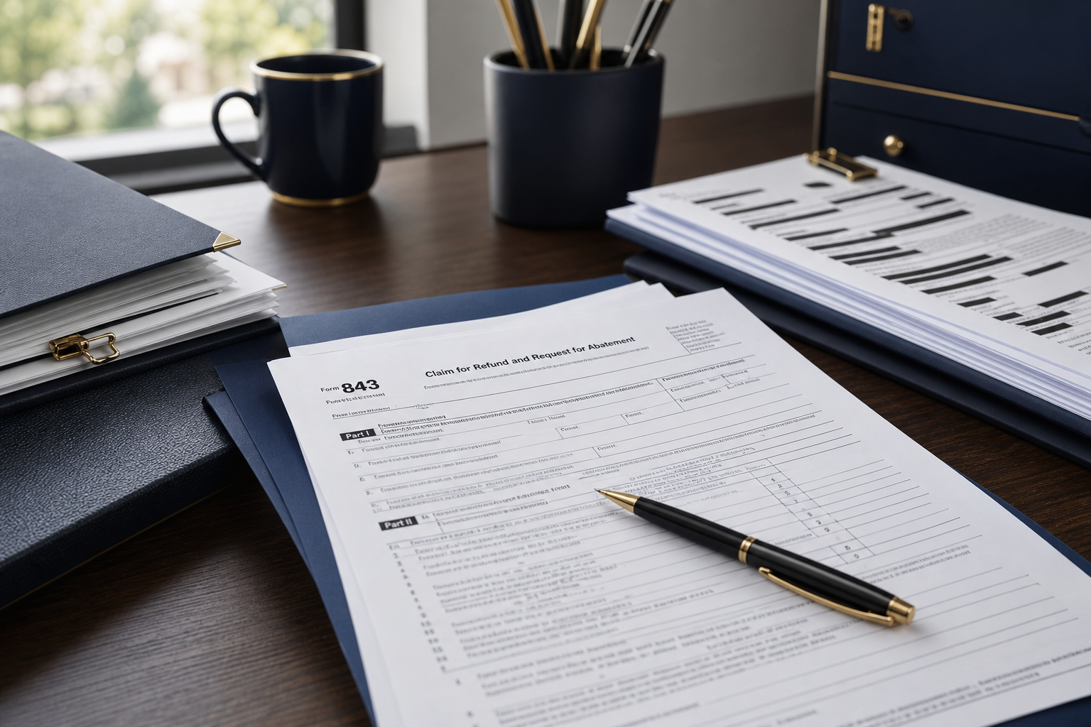 Formularios fiscales y documentos en un escritorio que representan el abatimiento con el Formulario 843