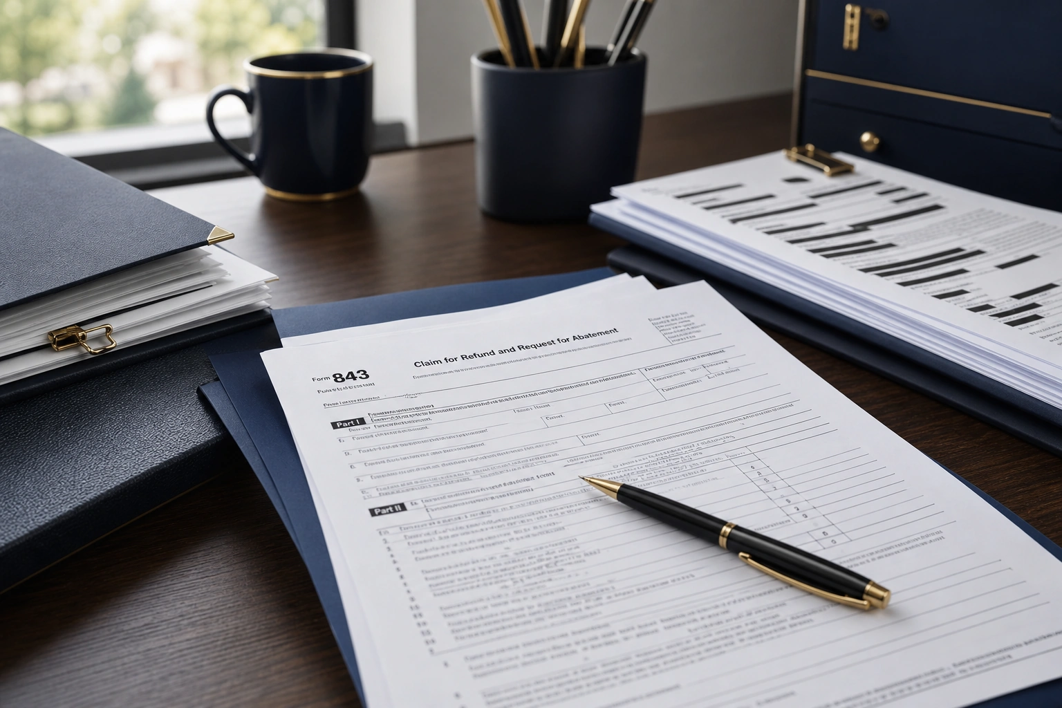 Formularios fiscales y documentos en un escritorio que representan el abatimiento con el Formulario 843