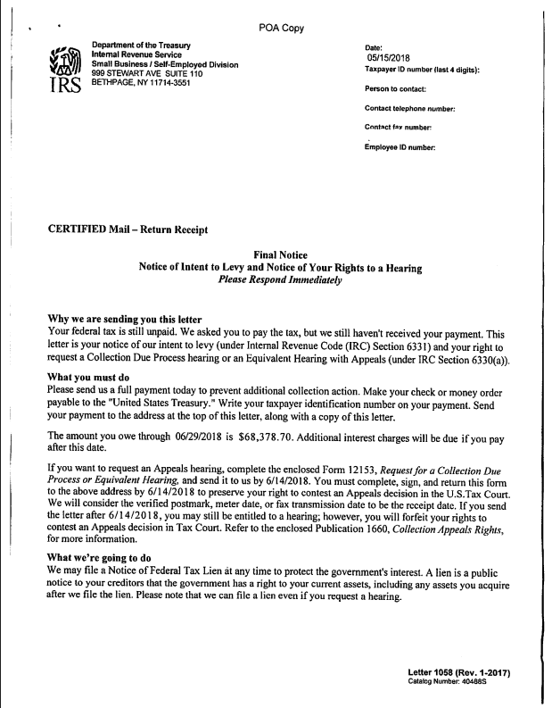 LT11 / Letter 1058 &ndash; Final Notice of Intent to Levy and Right to a Hearing